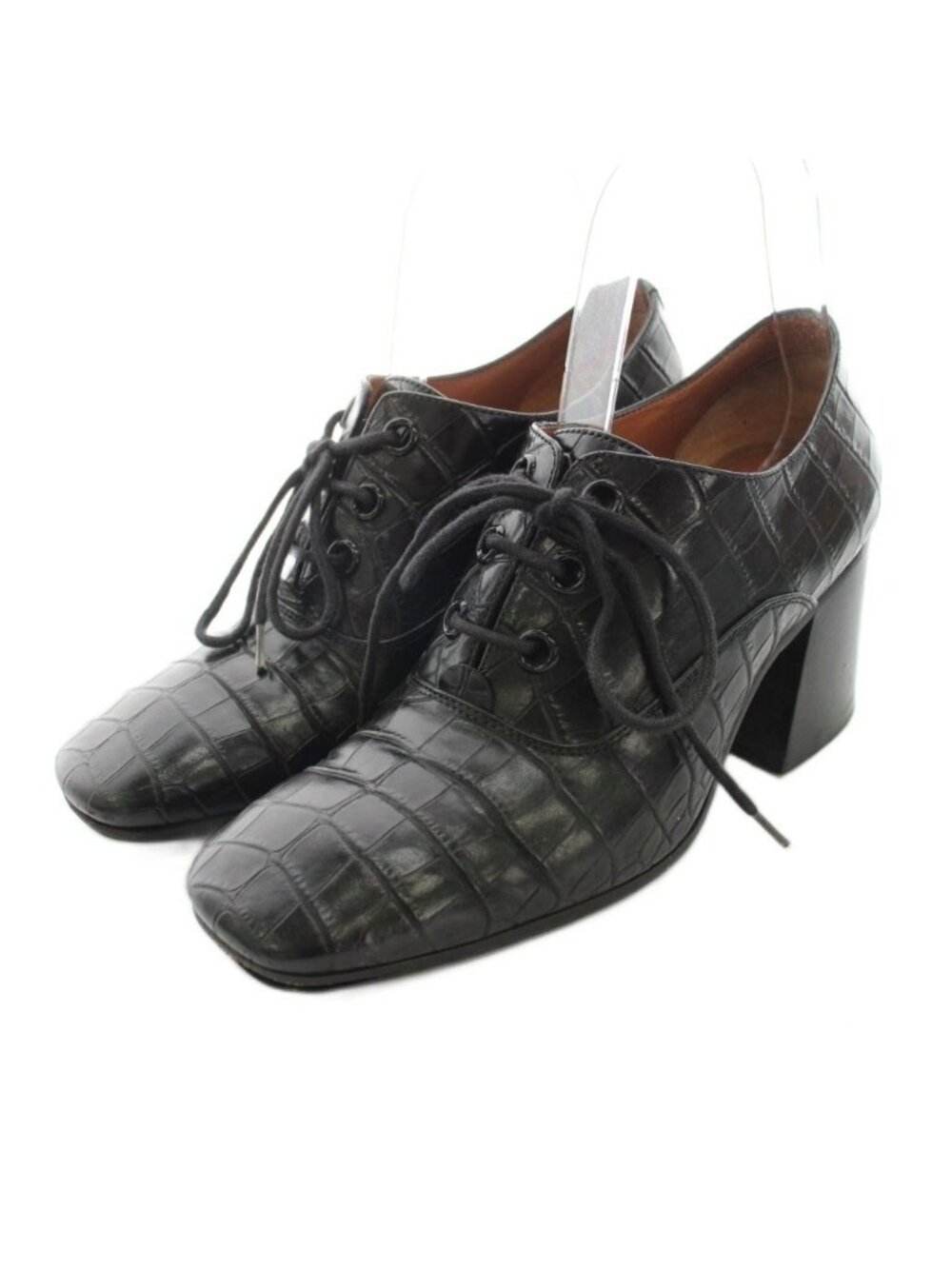 Celine Booties Lace-up Shoes Chunky Heel Croco Embossed Leather Square Toe